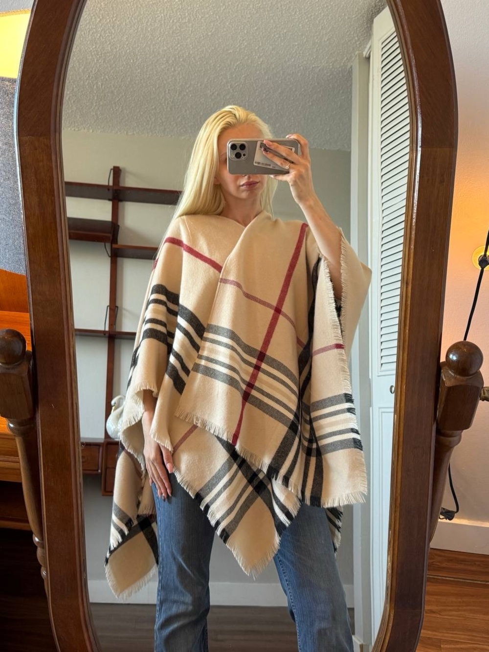 Saks Fifth Avenue Beige Plaid Fringe Poncho